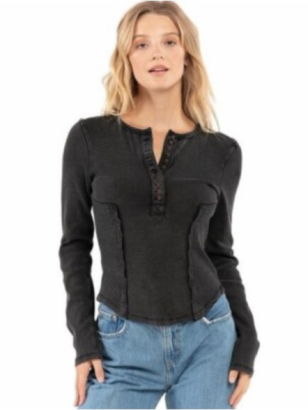 Free People We The Free Hope Henley Top Washed Black Ribbed Long Sleeve L Y2K